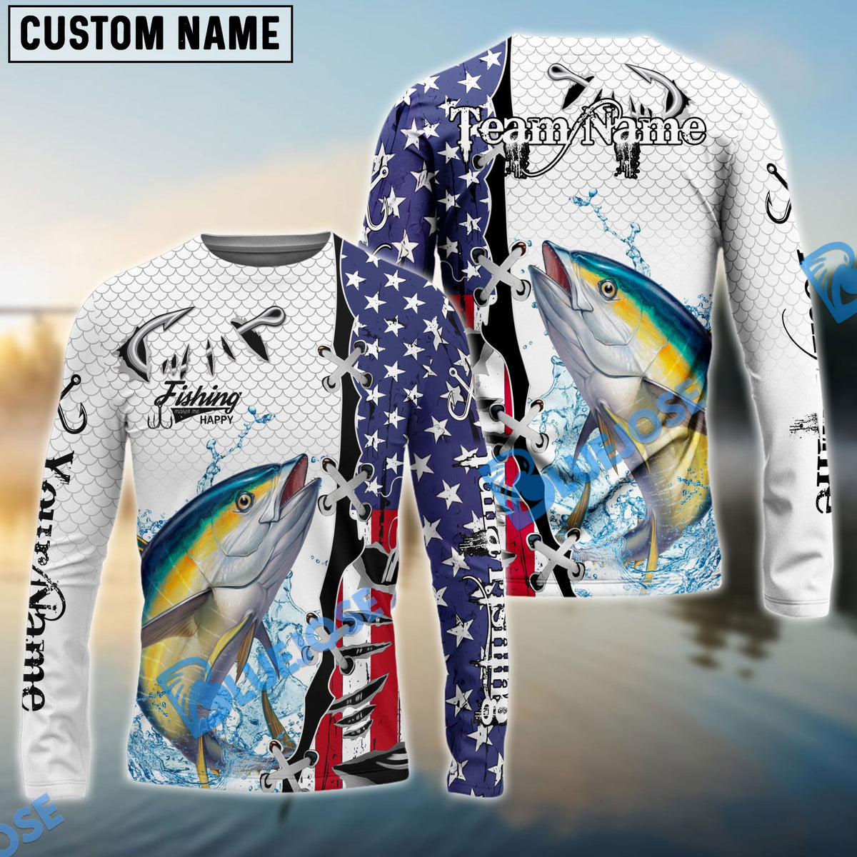 Bluejose Tuna Fishing American Flag Splash Custom Name &amp; Team Name 3D Shirts