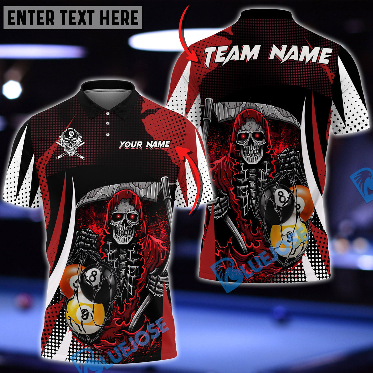 BlueJose Billiards  8 Ball &amp; 9 Ball Death Bringer Reaper Personalized Name, Team Name Unisex Shirt (6 Colors)