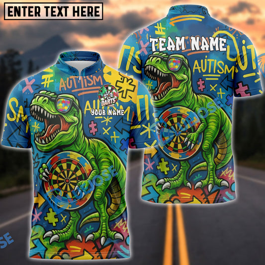 BlueJose Darts Autism Awareness T-Rex Graffiti Personalized Name, Team Name Shirt