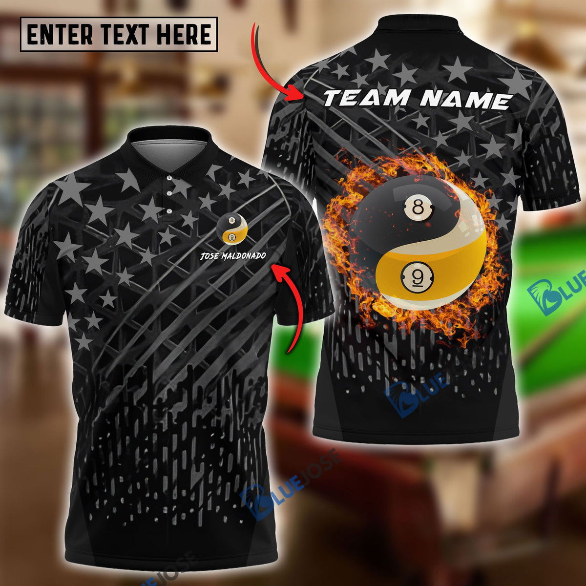 BlueJoses Billiards Ball 8 &amp; 9 Fire Black US Flag Customized Name, Team Name 3D Shirt