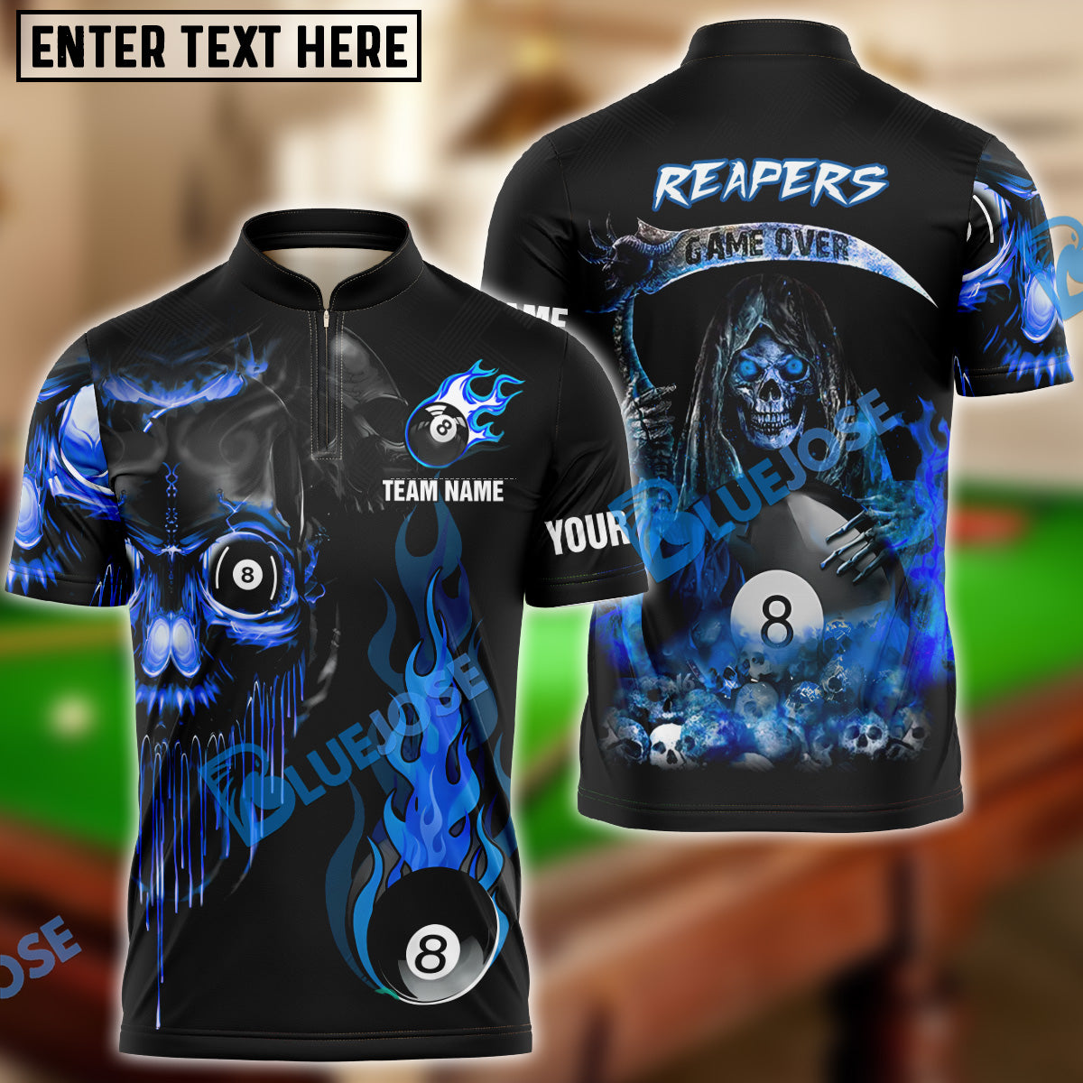 BlueJose Billiards Ball 8 Reapers Game Over Personalized Name, Team Name Shirt (6 Colors)