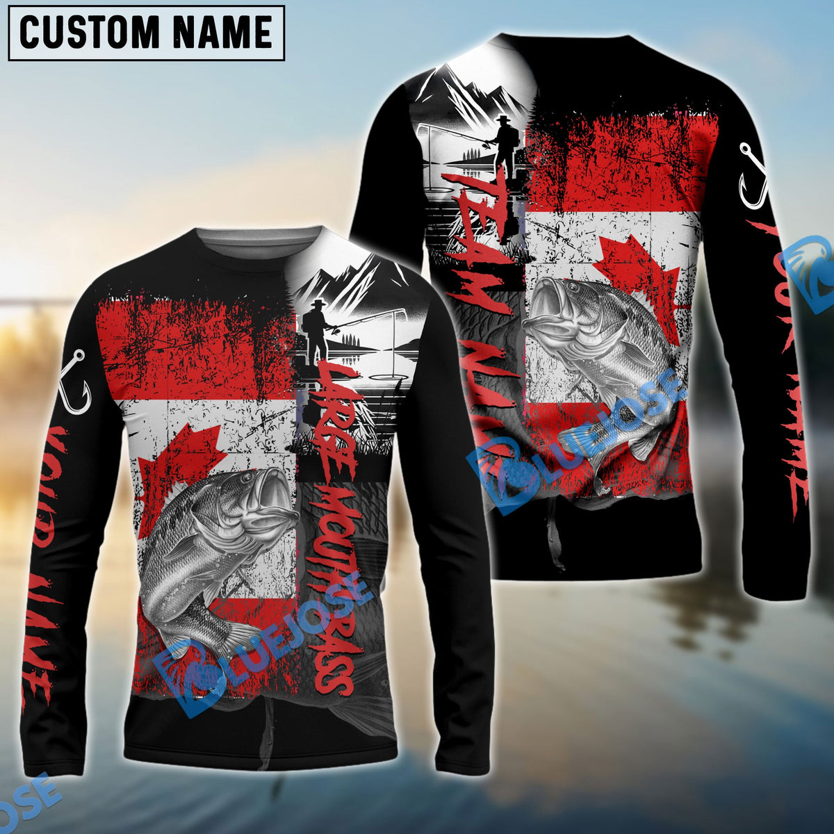 Bluejose Large Mouth Bass Fishing Black Canada Flag Sport Custom Name &amp; Team Name 3D Shirts