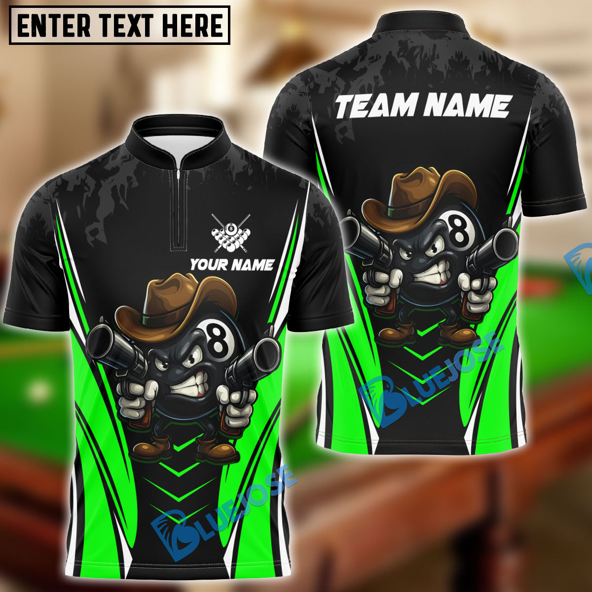 BlueJose Billiards Cowboy 8 Ball Cartoon Style Personalized Name Shirt (4 Colors)