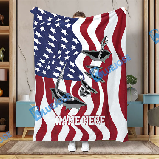 BlueJose Custom Name Fish Hook American Flag Fishing Blanket