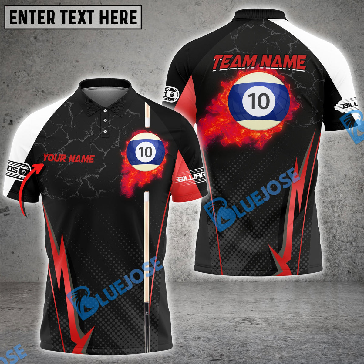 BlueJose Billiards Ball 10 Fire Cue Personalized Name, Team Name Unisex Shirt (4 Colors)