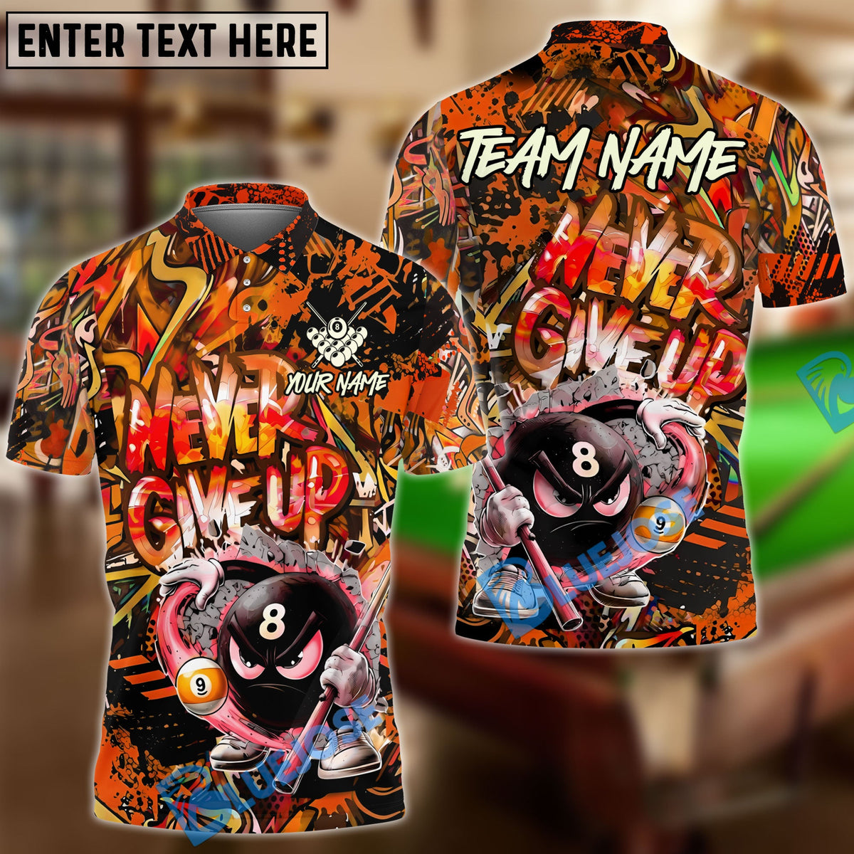 BlueJose Billiards 8 Ball Serious Never Give Up Graffiti Personalized Name Shirt (4 Colors)