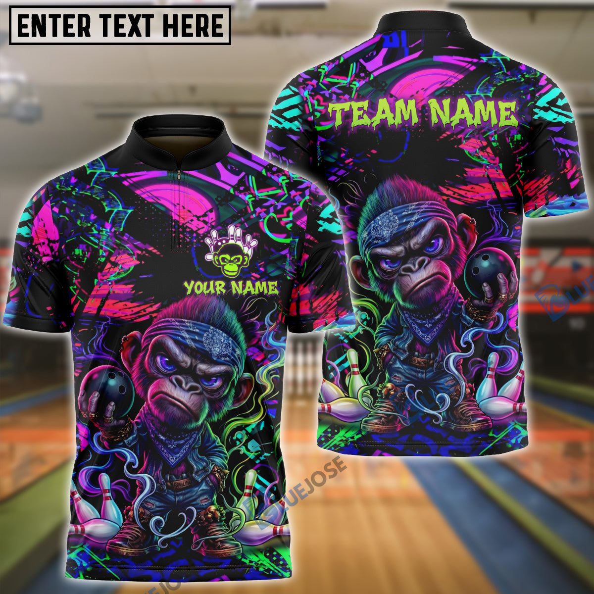 BlueJose Bowling And Pins Angry Monkey Neon Graffiti Customized Name, Team Name 3D Shirt