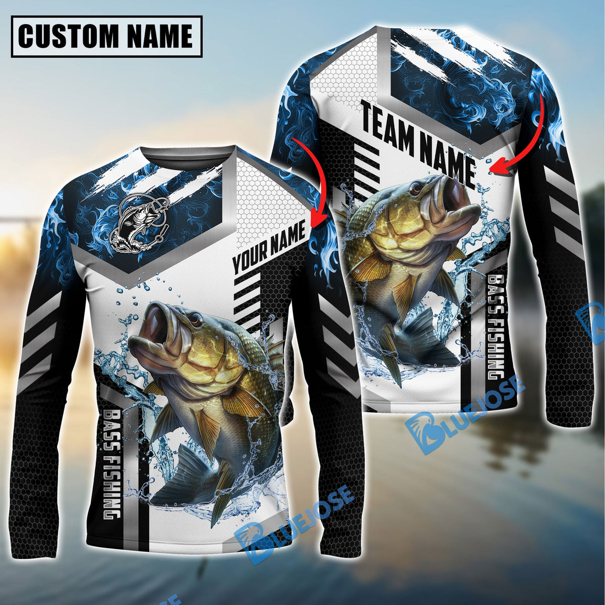 BlueJose Bass Fishing Blue Flame Sport Custom Name &amp; Team Name Shirts