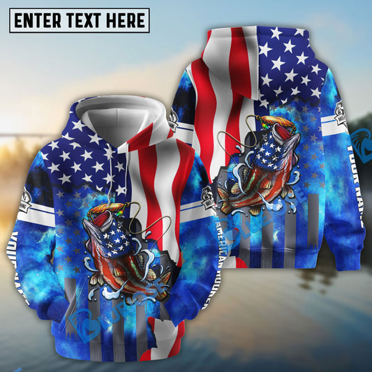 BlueJose Bass Fishing American Flag Patriotic Customize Name Fishing Shirt