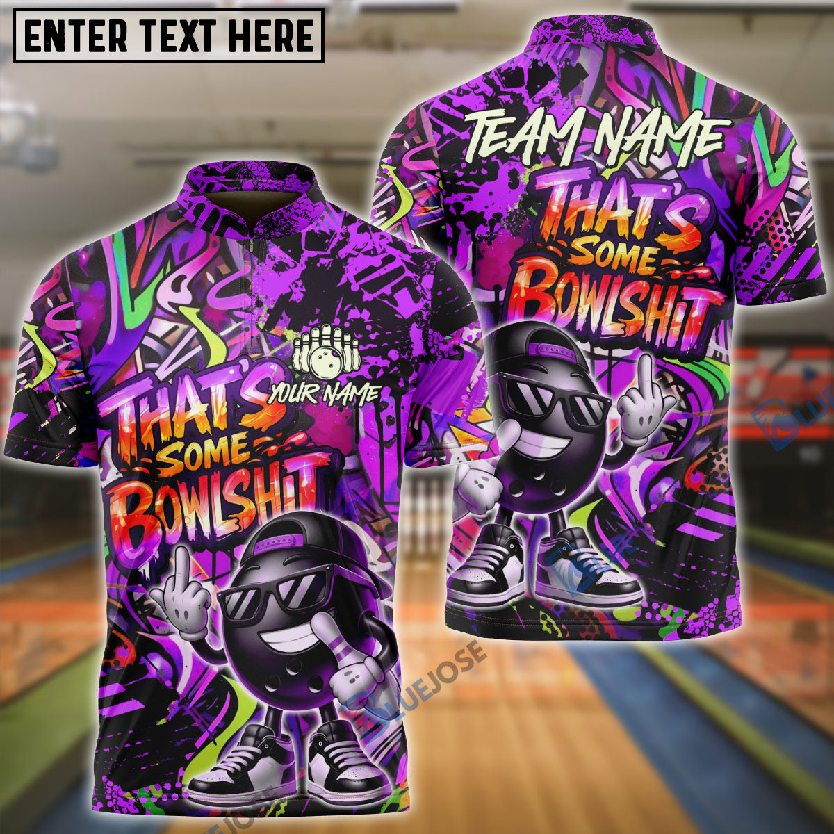BlueJose Bowling & Pins  Funny Graffiti Cool Cartoon Street Art Design That's Some Bowlshit Customized Name, Team Name 3D Shirt (4 Colors)