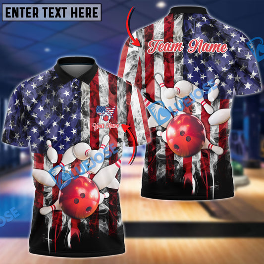 BlueJoses Bowling And Pins US Flag and Smoke Customized Name 3D Shirt