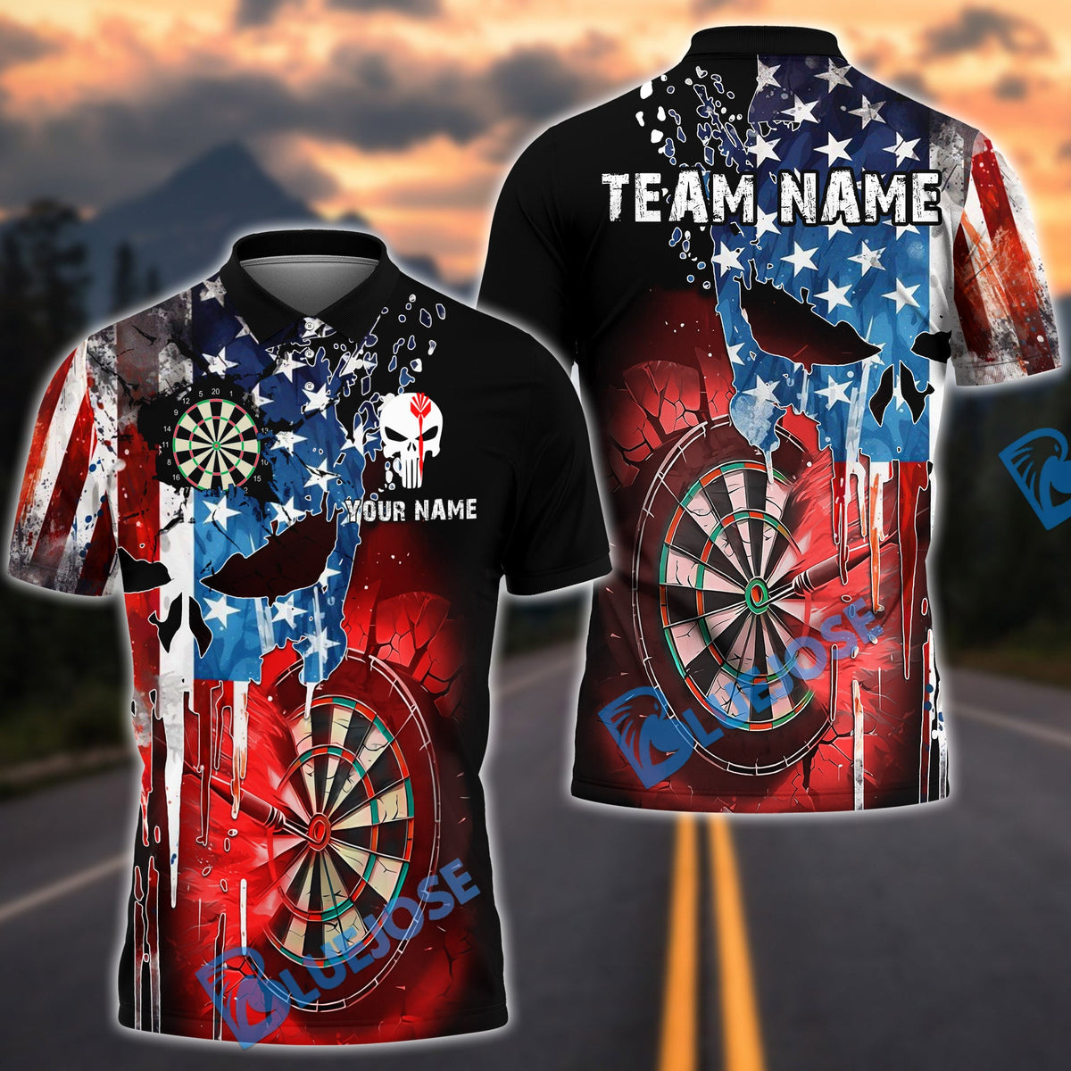 BlueJose Darts American Flag Punisher Multicolor Options Personalized Name Shirt (6 Colors)