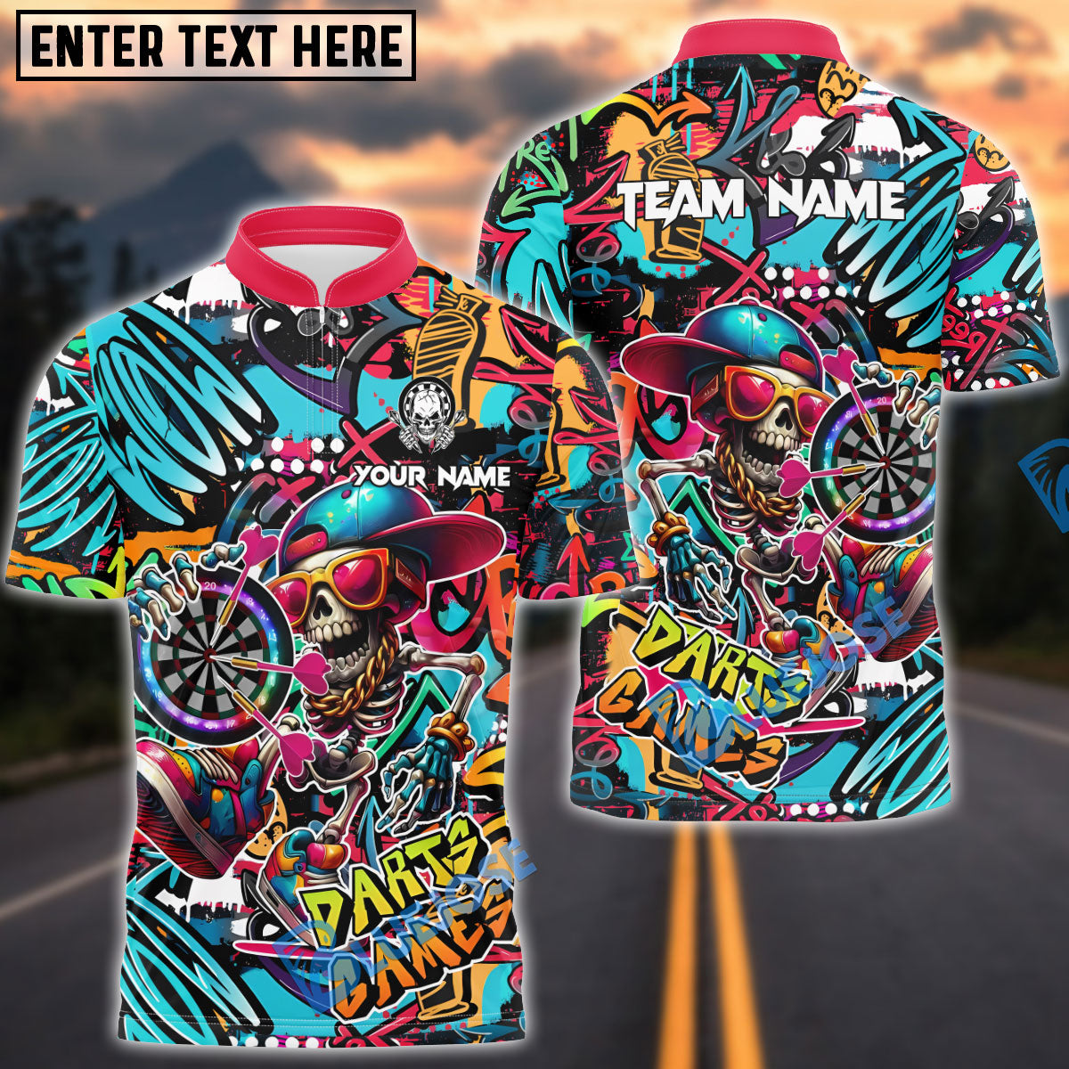 BlueJose Darts Funny Skull Colorful Graffiti Personalized Name, Team Name Shirt (4 Colors)