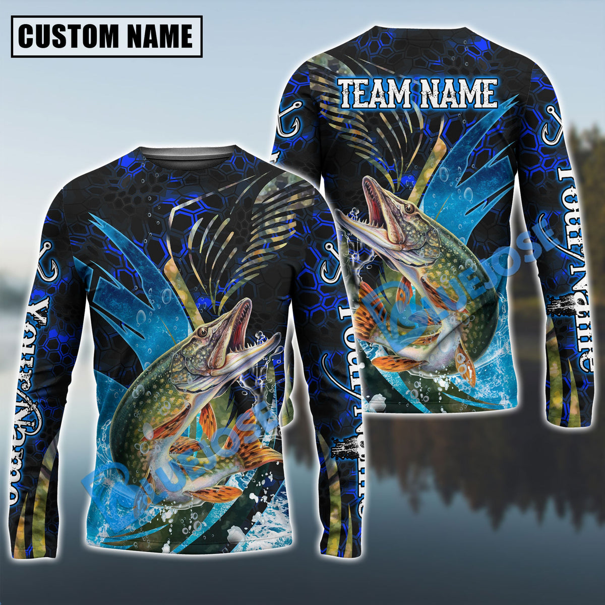 Bluejose Pike Fishing Tailored Tides Pattern Custom Name &amp; Team Name Shirts