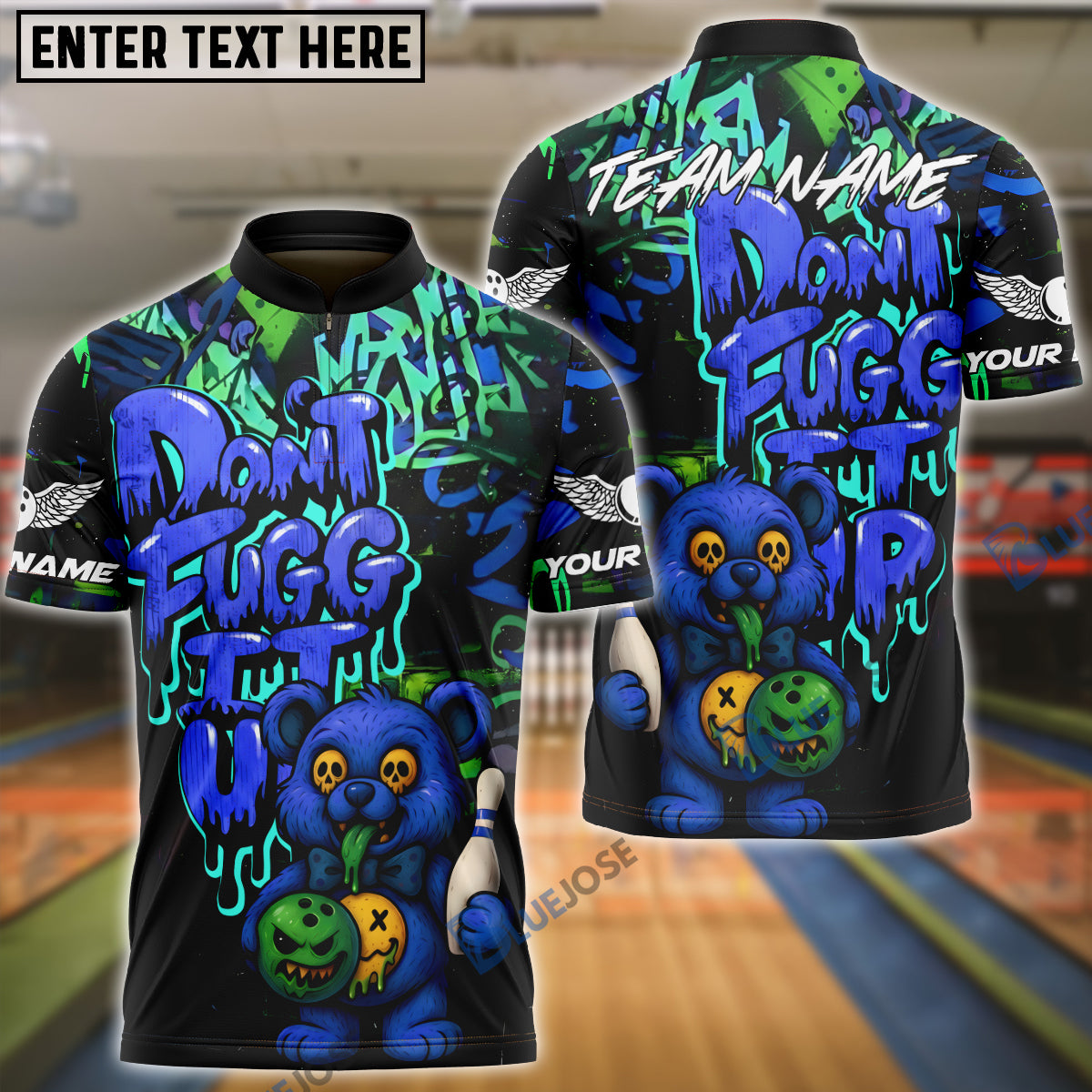 BlueJose Bowling And Pins Bear Scary Teddy Graffiti Style Don't Fugg Customized Name, Team Name 3D Shirt (4 Colors)