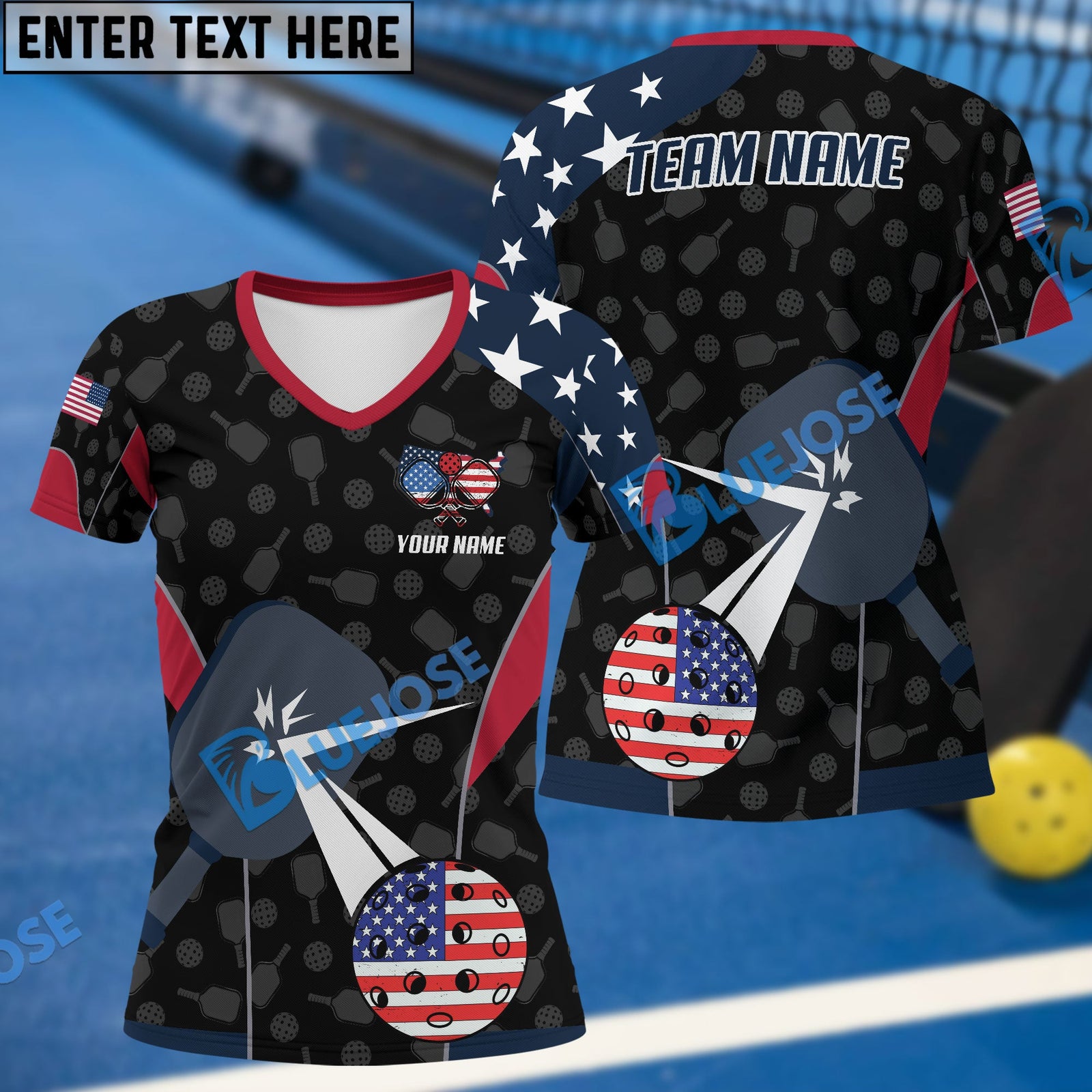 BlueJose Pickleball American Style Personalized Name, Team Name Unisex Shirt (4 Colors)
