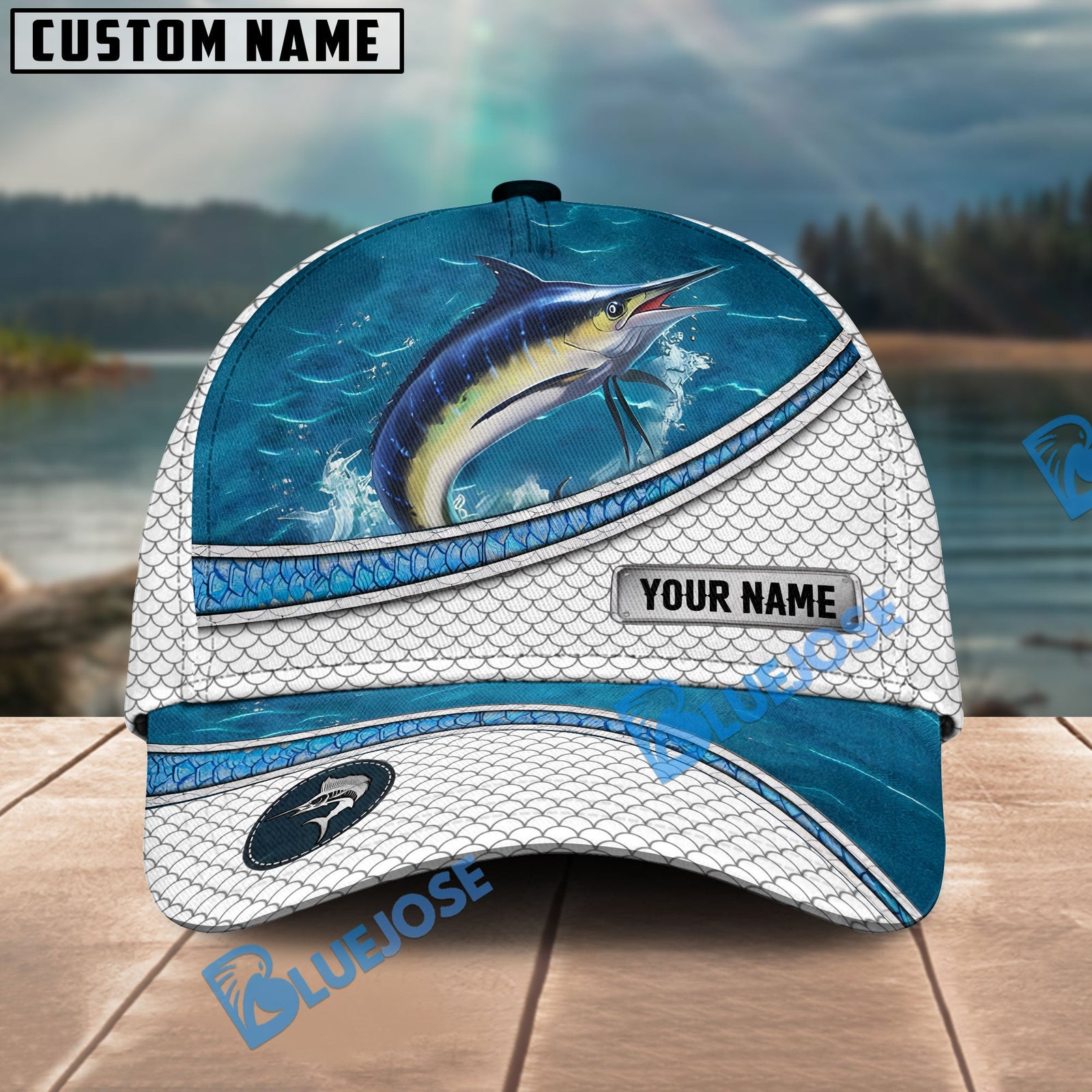 BlueJose Marlin Fishing Blue Water Pattern Personalized Cap