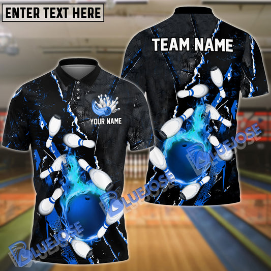 BlueJose Bowling And Pins Flame Crack Wall Customized Name 3D Shirt (4 Colors)