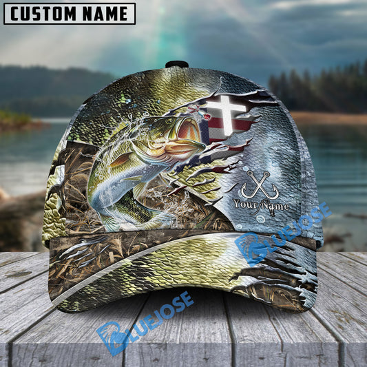 Bluejose Bass Fishing American Flag & Cross Design with Camo Personalized Cap