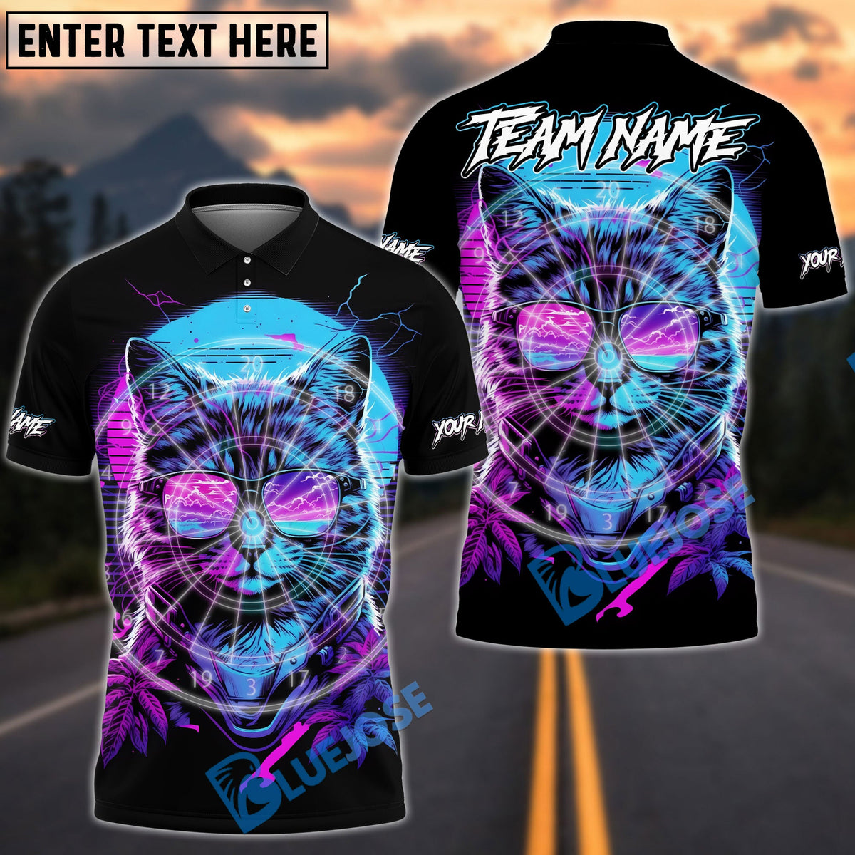 BlueJose Darts Neon Cat Cyberpunk Design Multicolor Options Personalized Name Shirt (4 Colors)