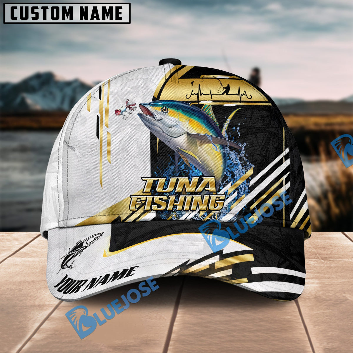 BlueJose Fishing Hook Graphic & Jumping Fish Art Personalized Cap (Tuna, Marlin, Mahi-Mahi, Pike, Bass, Walleye, Trout, Crappie)