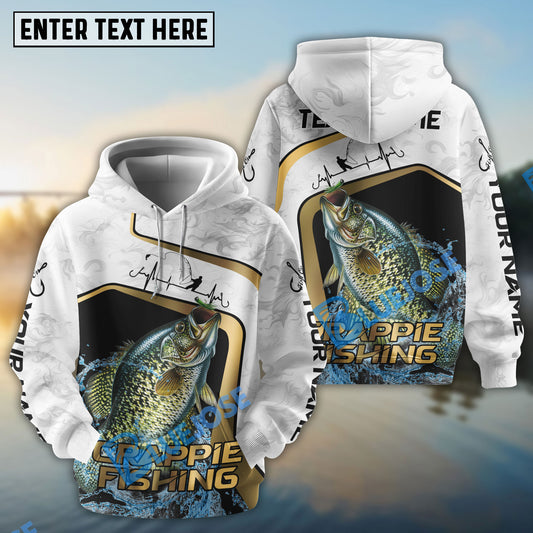 Bluejose Crappie Fishing White Marble & Gold Trim Splash Heartbeat Line Custom Name & Team Name 3D Shirts