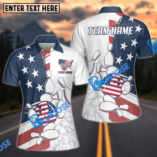 BlueJose Bowling And Pins Liberty Roll US Flag Personalized Name And Team Name 3D Shirt