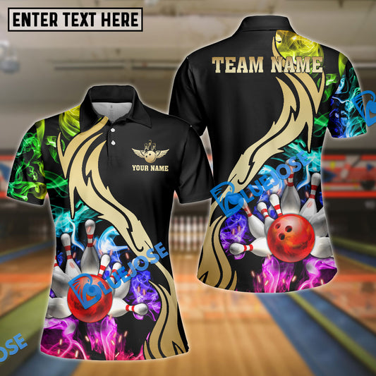 BlueJose Bowling And Pins Black Multicolor Golden Smoke Pattern Personalized Name, Team Name Unisex Shirt