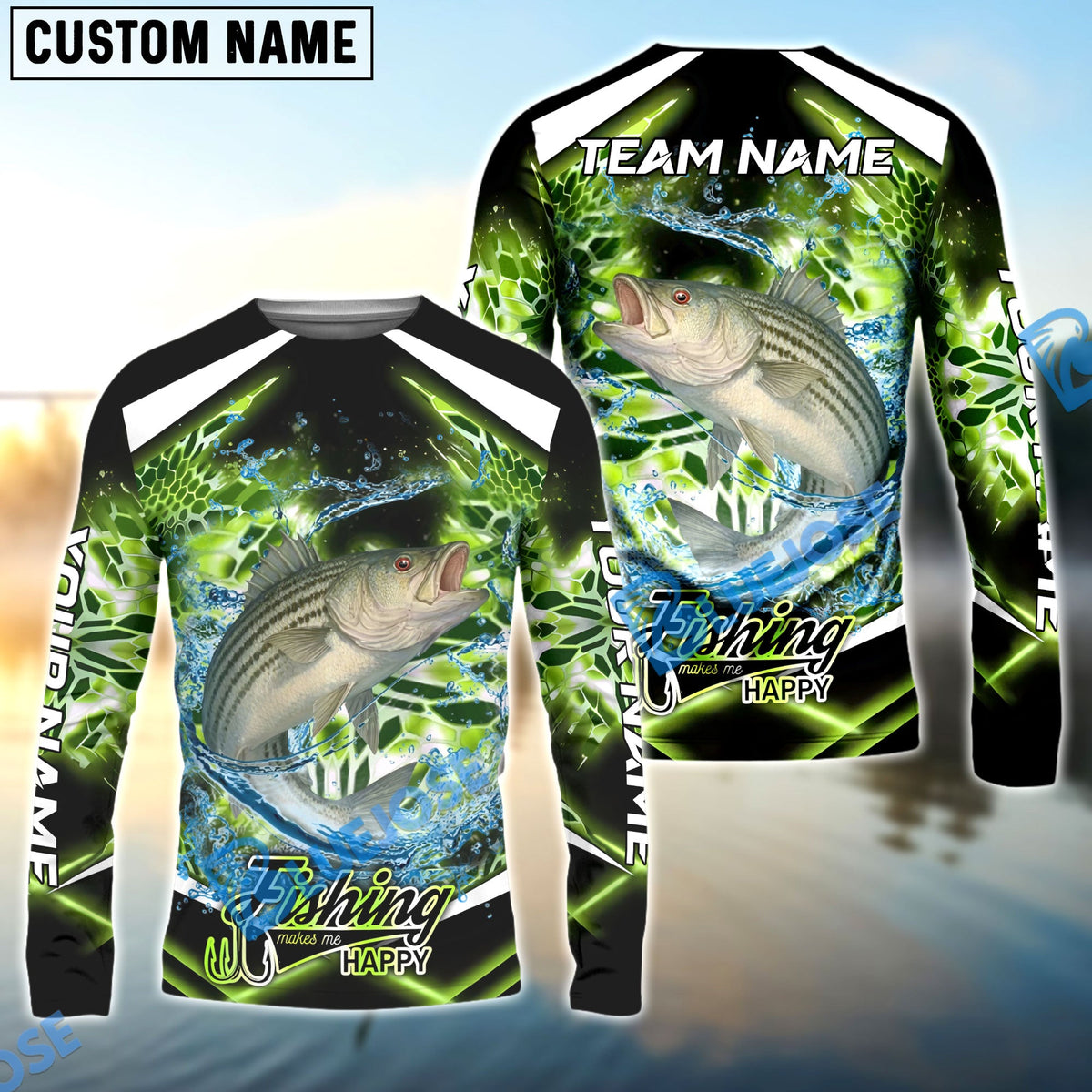 Bluejose Striped Bass Fishing Green Happy Hook Design Name &amp; Team Name 3D Shirts