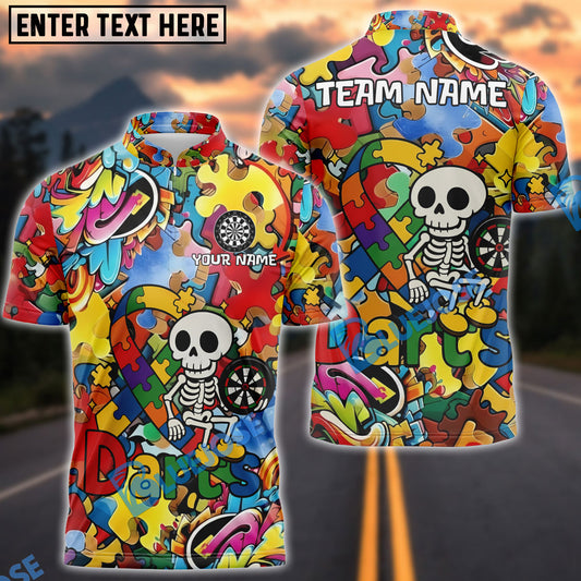 BlueJose Darts Skull Colorful Puzzle Cartoon Autism Awareness Personalized Name, Team Name Shirt