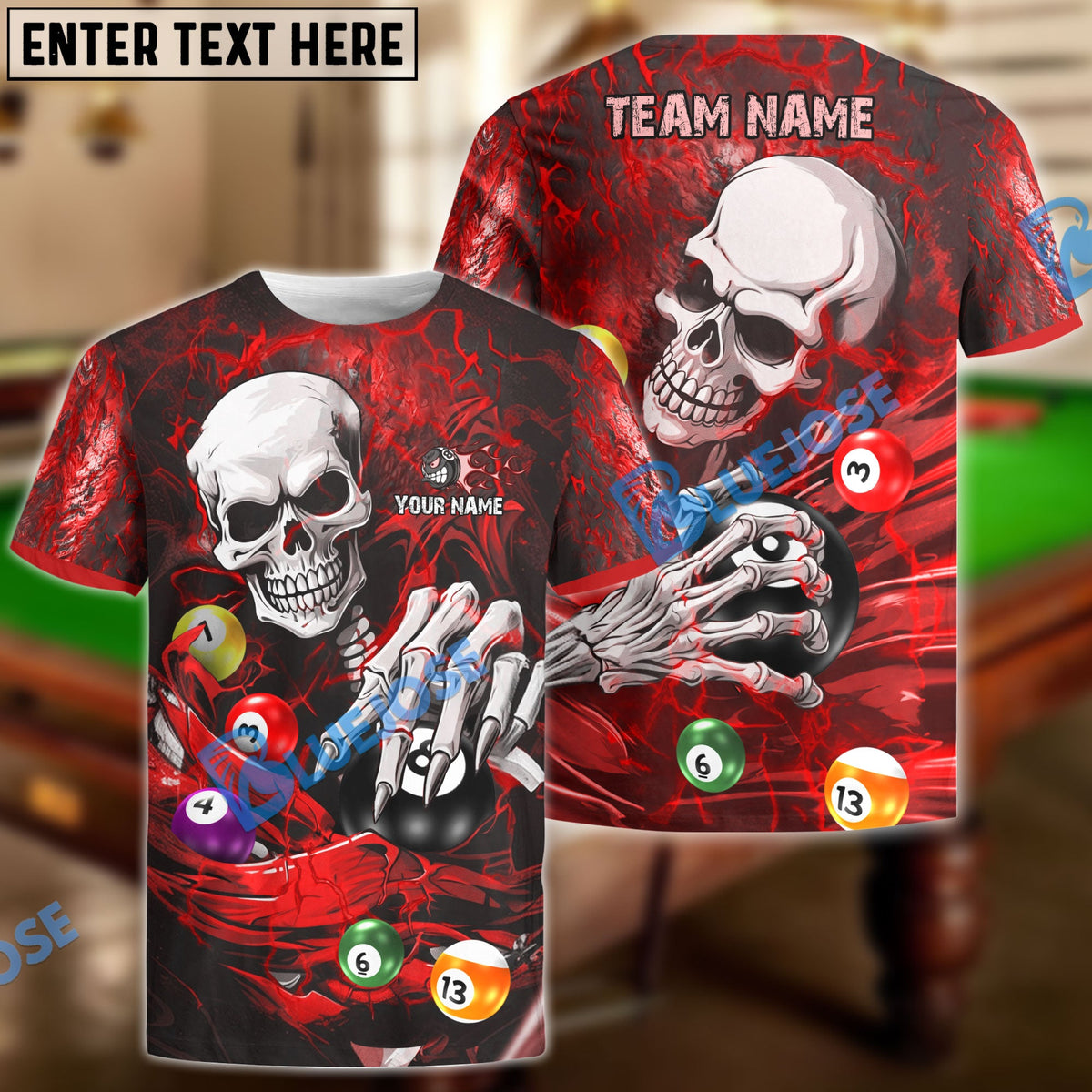 BlueJose Billiards Ball 8 Skull Lightning Personalized Name & Team Name Shirt (4 Colors)