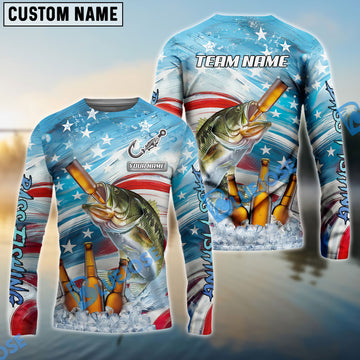 Bluejose Bass Fishing Beer & Usa Flag Graphic Custom Name & Team Name 3D Shirts