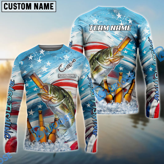 Bluejose Bass Fishing Beer & Usa Flag Graphic Custom Name & Team Name 3D Shirts