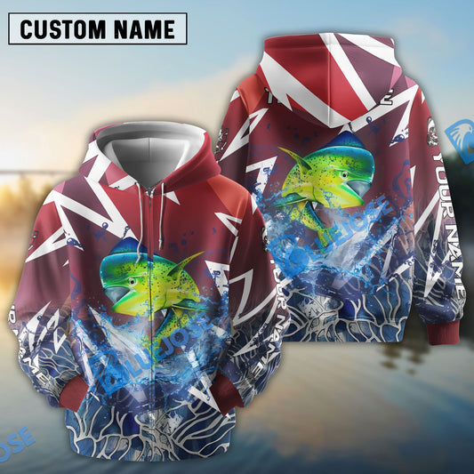 Bluejose Mahi-Mahi Fishing Red Fury Pattern Custom Name & Team Name 3D Shirts