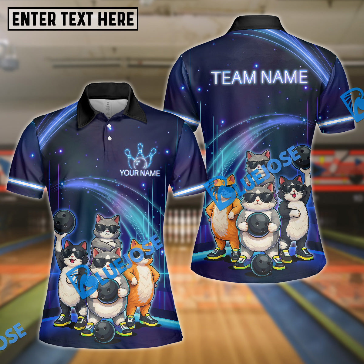 BlueJose Bowling And Pins Cat Gang Customized Name, Team Name 3D Shirt (4 Colors)
