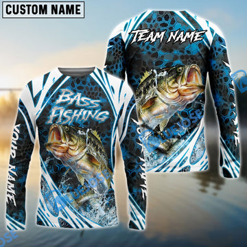 Bluejose Bass Fishing Modern Hexagon Water Splash Custom Name & Team Name 3D Shirts