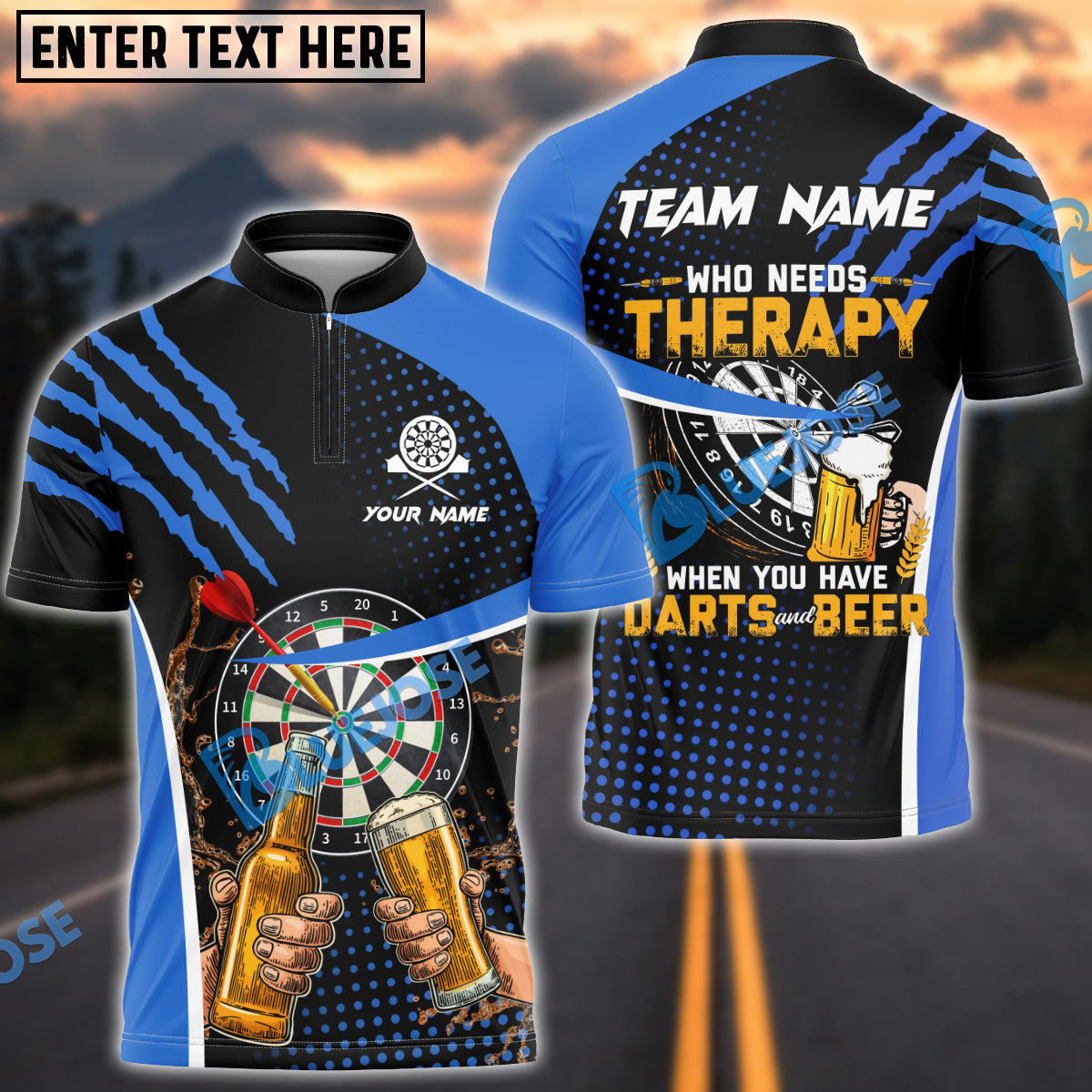 BlueJose Darts And Beer Therapy Personalized Name, Team Name Shirt (4 Colors)