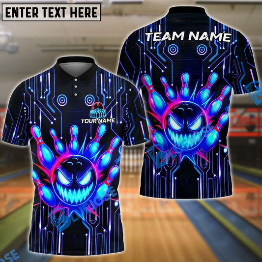 BlueJose Bowling And Pins Cyberpunk Evil Ball Customized Name, Team Name 3D Shirt (4 Colors)