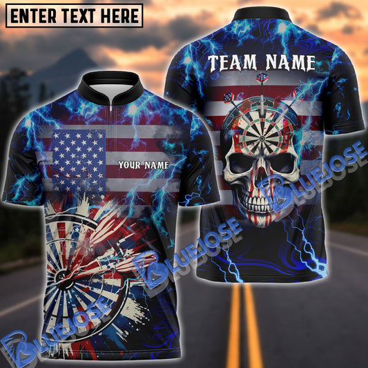 BlueJose Darts American Flag Thunder Skull Personalized Shirt