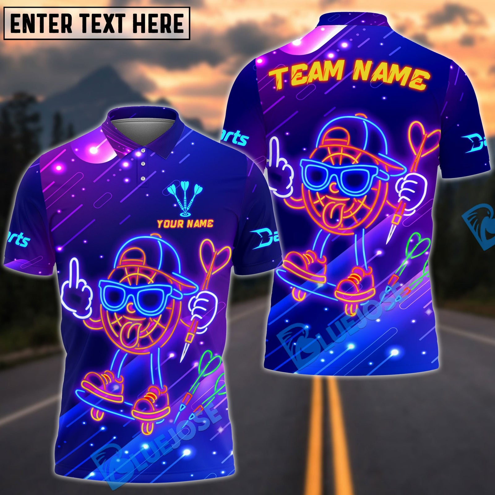 BlueJose Darts Neon Skater Target Cartoon Style Customized Name, Team Name 3D Shirt (4 Colors)