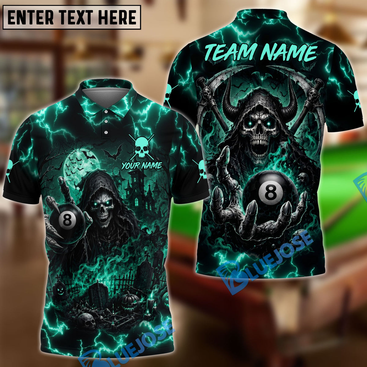 BlueJose Billiards 8 Ball Haunted Grim Reaper Personalized Name Shirt (6 Colors)