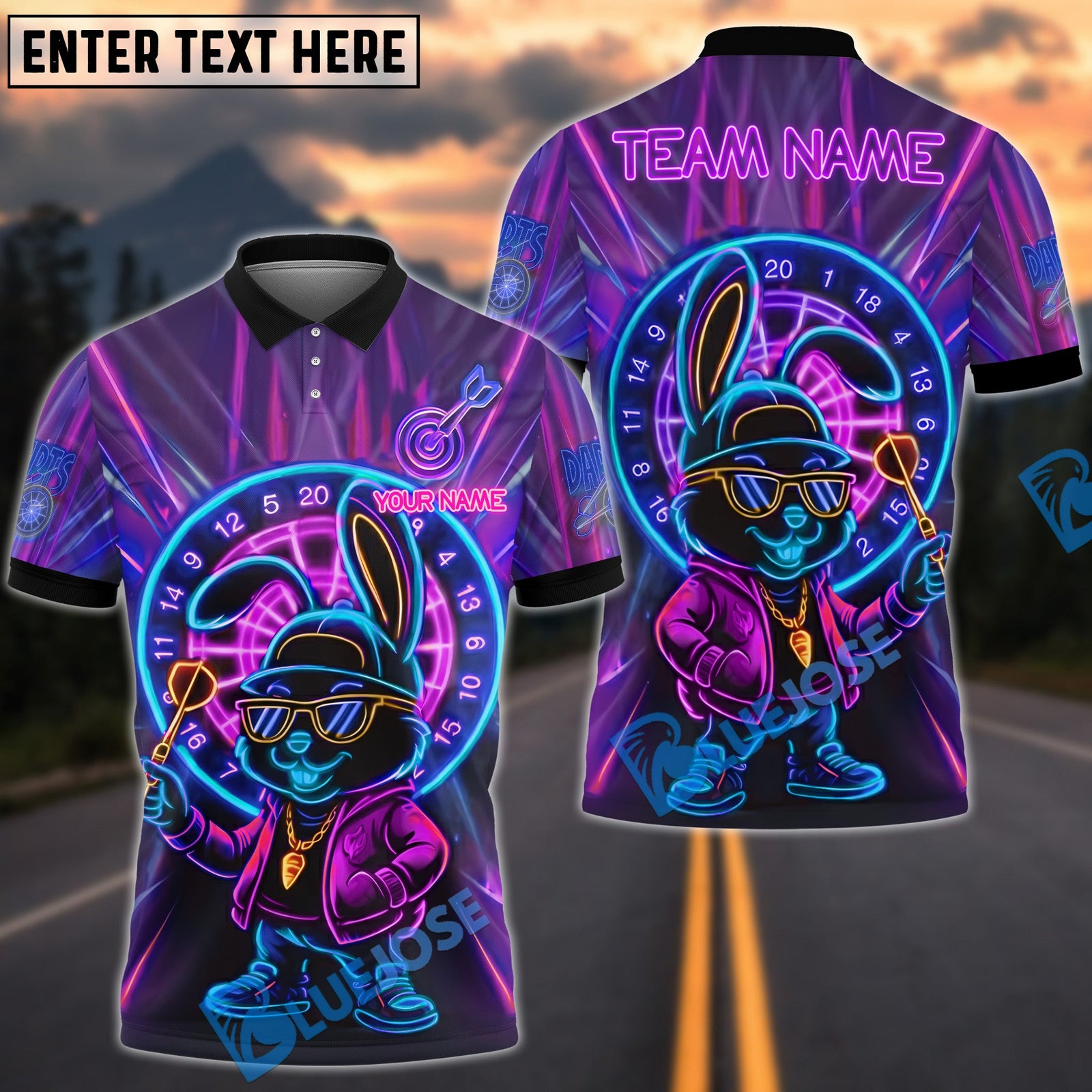 BlueJose Darts Neon Bunny Swag Customized Name, Team Name 3D Shirt (4 Colors)