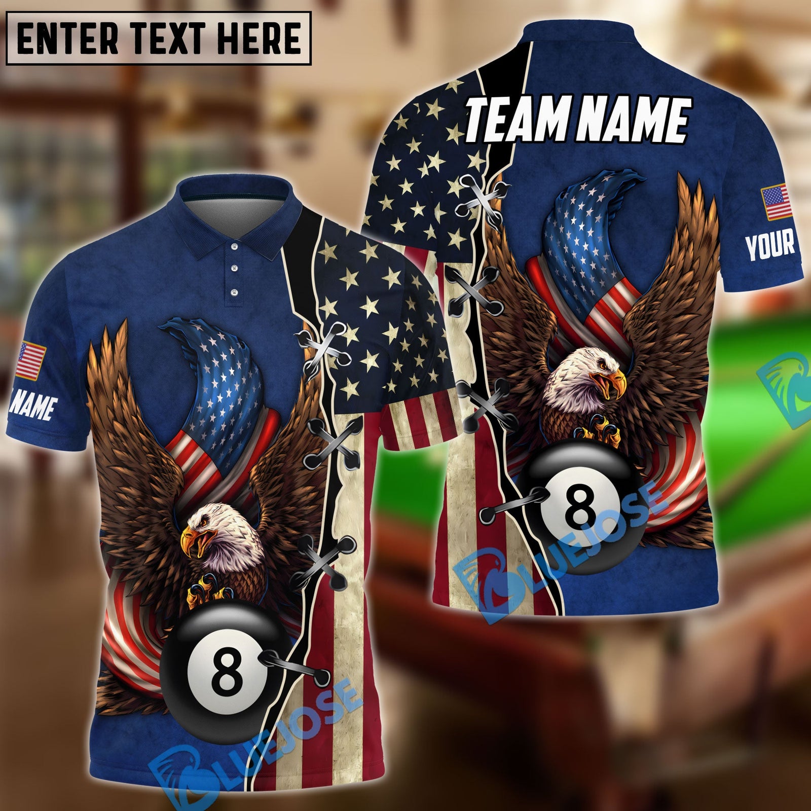 BlueJose Billiards 8 Ball American Eagle Flag Crack Personalized Name, Team Name Shirt (4 Colors)