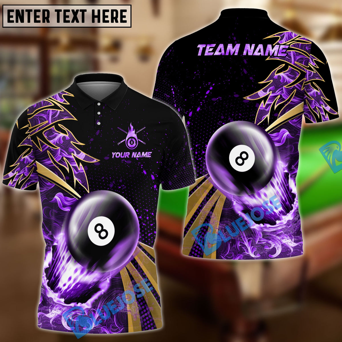 BlueJose Billiards Ball 8 Flame Premium Golden Line Personalized Name, Team Name Shirt (4 Colors)