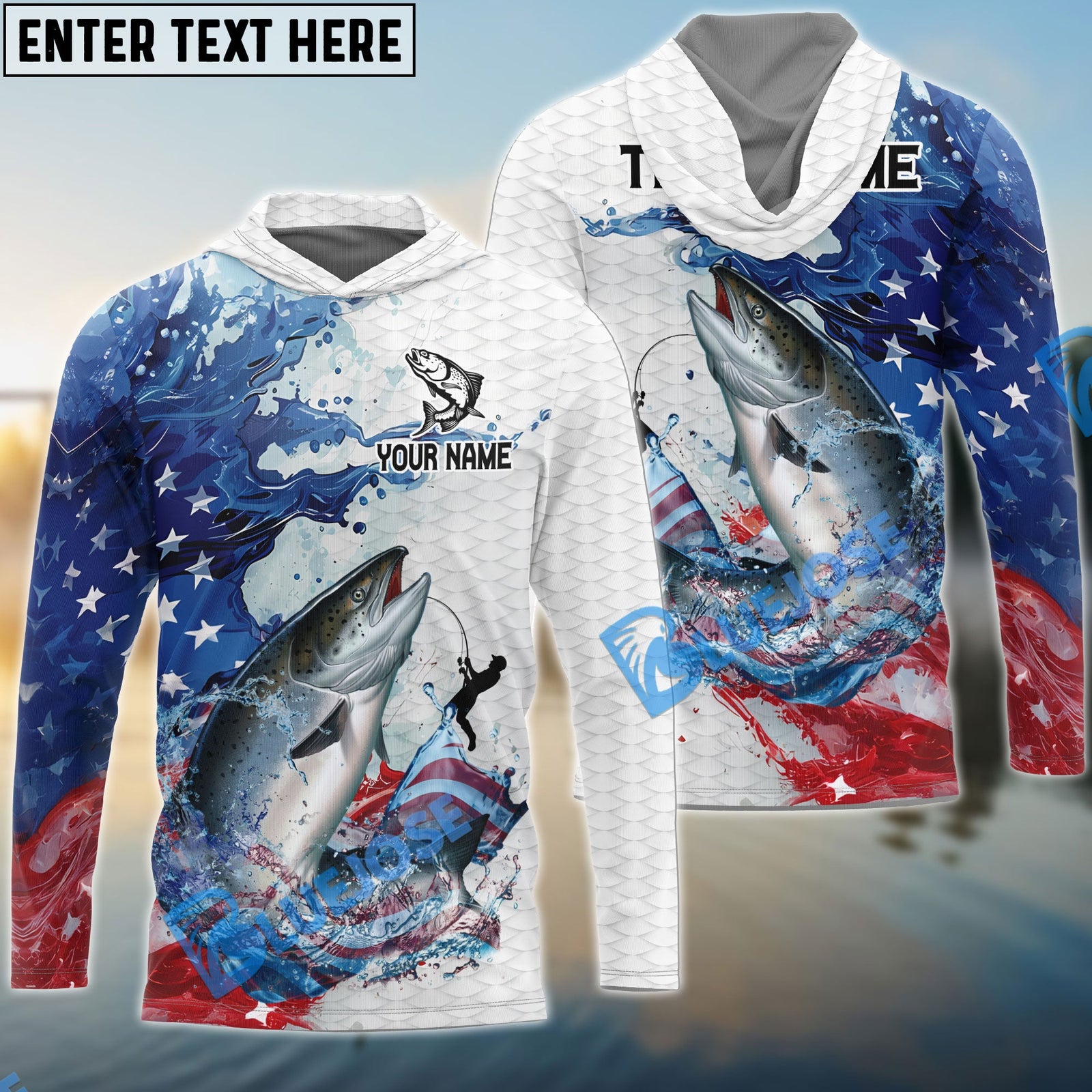 Bluejose Salmon Fishing Patriotic American Flag Wave White Skin Custom Name & Team Name 3D Shirts