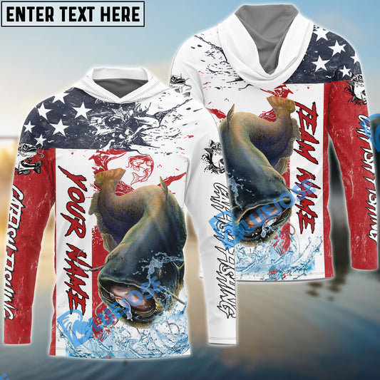 Bluejose Catfish Fishing American Flag Red Blue Seawave Custom Name & Team Name 3D Shirts