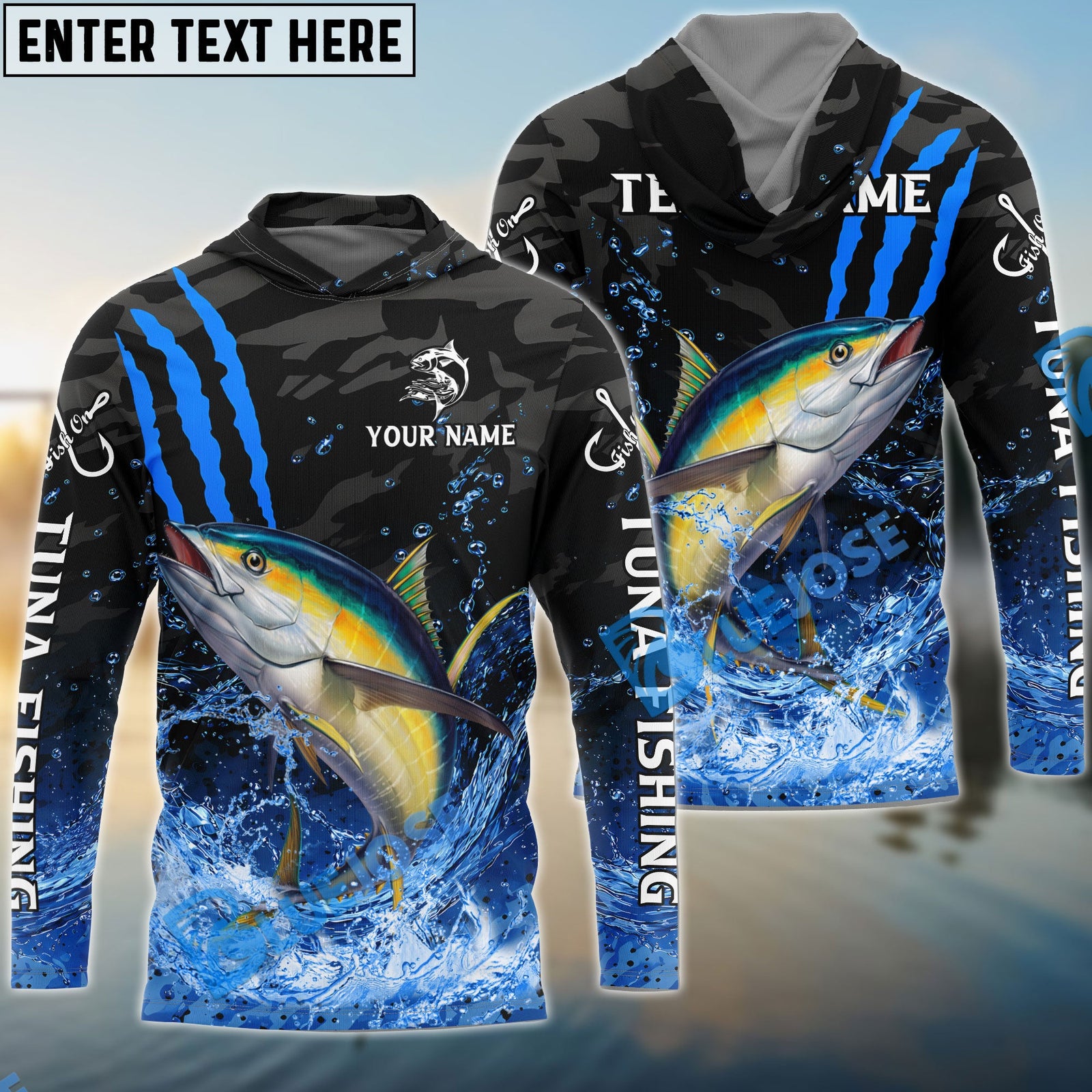 Bluejose Tuna Fishing Blue Scratch Camo Water Splash Custom Name & Team Name 3D Shirts
