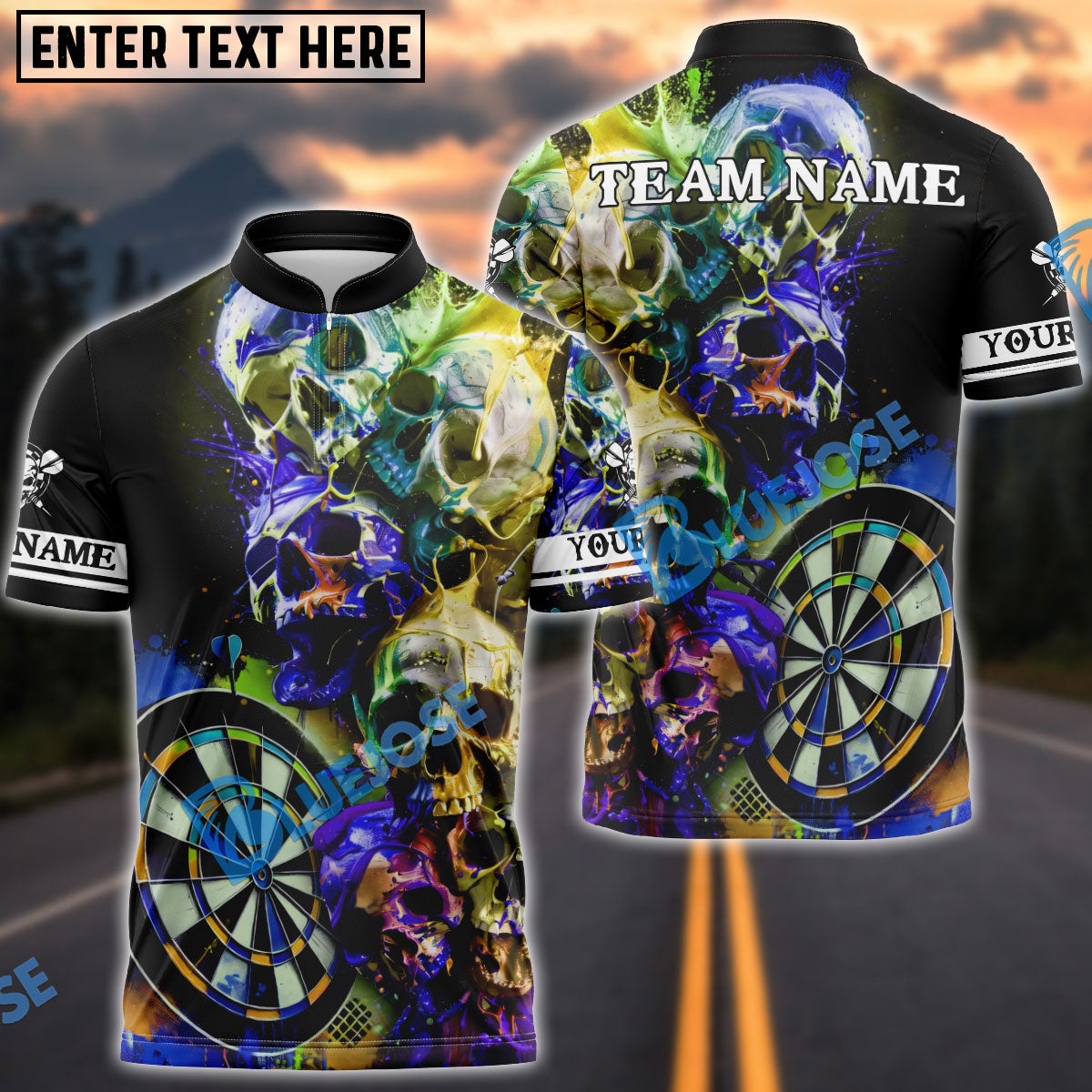 BlueJose Darts Skull Graffiti Colorful Paint Multicolor Options Personalized Name Shirt (4 Colors)