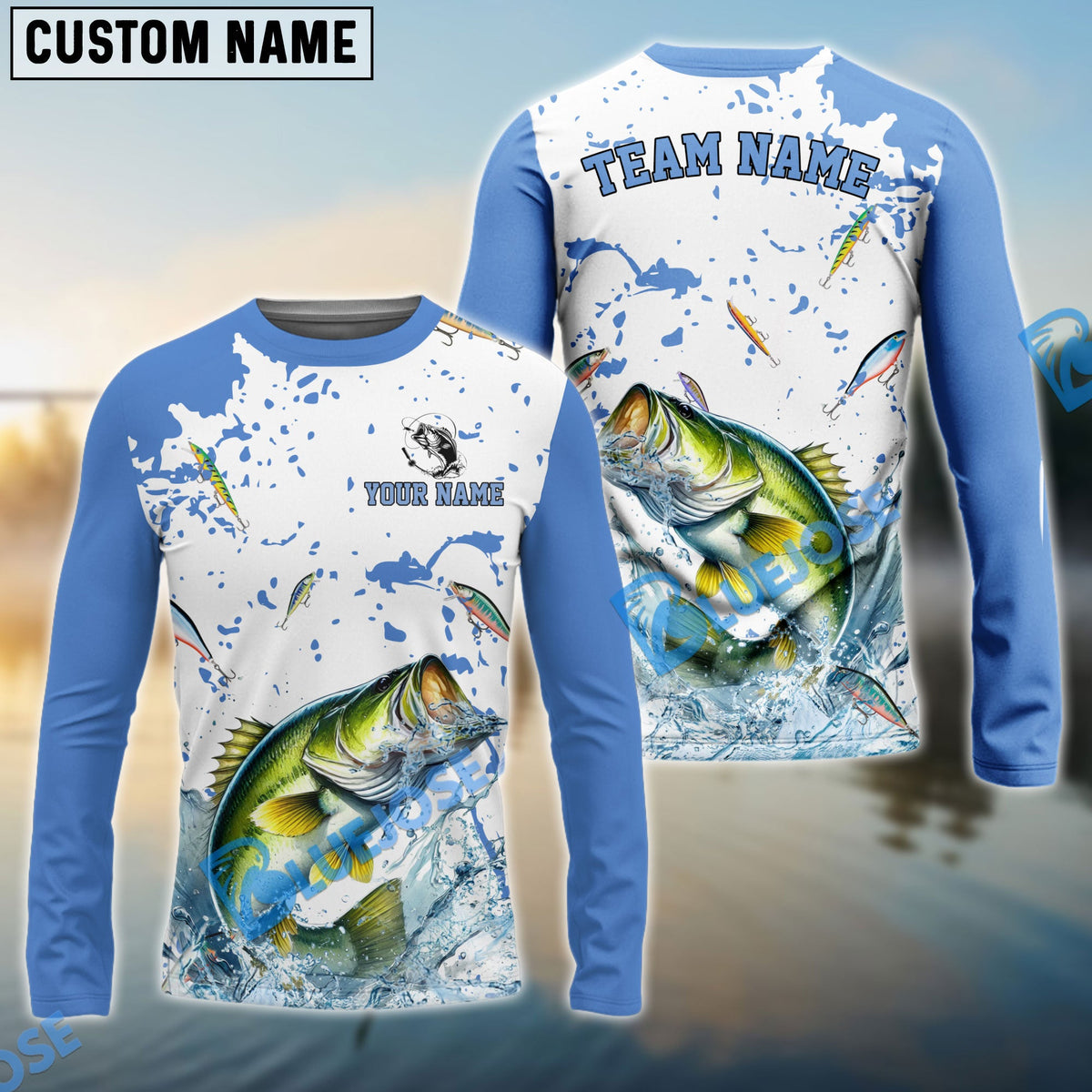 Bluejose Bass Fishing White Light Blue Custom Name &amp; Team Name 3D Shirts