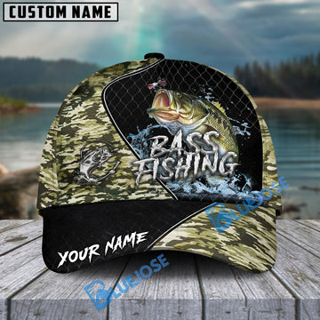 BlueJose Bass Fishing Camo Grid Water Pattern Personalized Cap